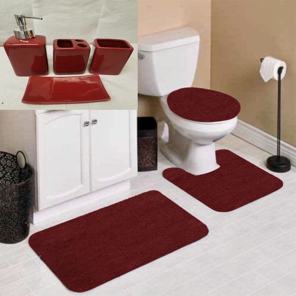 7 Piece Bathroom Plush Comfort Mat with Style Vanity Accessories (3 Piece Plush Bath Mat and 4 Piece Ceramic Accessories) Solid Color (Burgundy Red) #6
