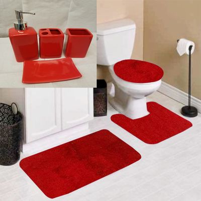 7 Piece Bathroom Plush Comfort Mat with Style Vanity Accessories (3 Piece Plush Bath Mat and 4 Piece Ceramic Accessories) Solid Color (Red Classic) #6