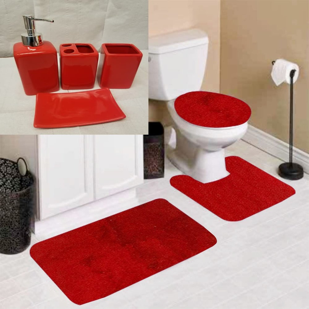 7 Piece Bathroom Plush Comfort Mat with Style Vanity Accessories (3 Piece Plush Bath Mat and 4 Piece Ceramic Accessories) Solid Color (Red Classic) #6