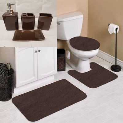 7 Piece Bathroom Plush Comfort Mat with Style Vanity Accessories (3 Piece Plush Bath Mat and 4 Piece Ceramic Accessories) Solid Color (Brown Chocolate) #6