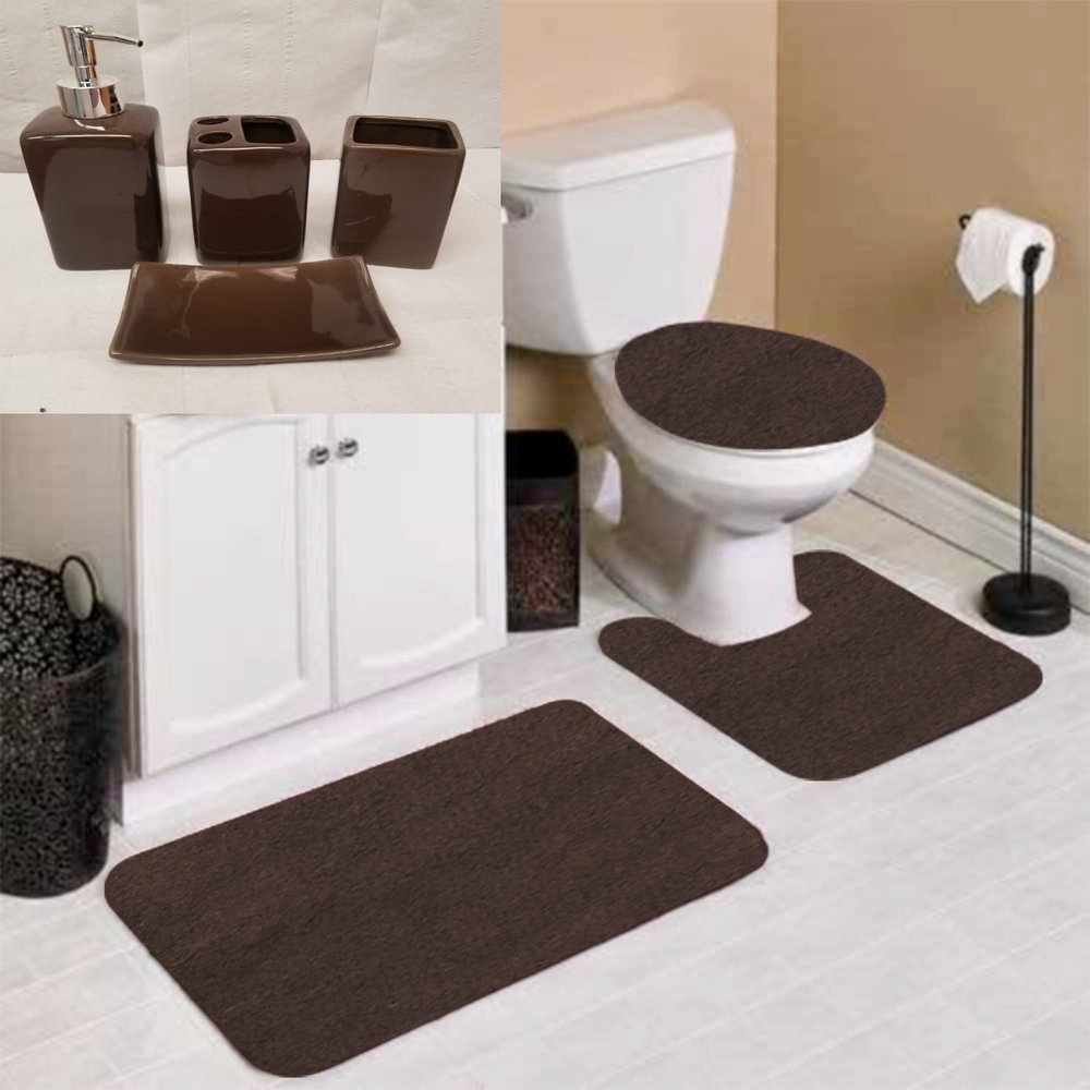 7 Piece Bathroom Plush Comfort Mat with Style Vanity Accessories (3 Piece Plush Bath Mat and 4 Piece Ceramic Accessories) Solid Color (Brown Chocolate) #6