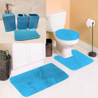 7 Piece Bathroom Plush Comfort Math with Style Vanity Accessories (3 Piece Plush Bath Mat and 4 Piece Ceramic Accessories) Solid Color (Aqua Blue Marine) #6