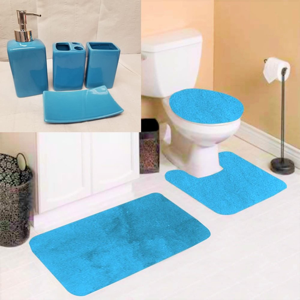 7 Piece Bathroom Plush Comfort Math with Style Vanity Accessories (3 Piece Plush Bath Mat and 4 Piece Ceramic Accessories) Solid Color (Aqua Blue Marine) #6