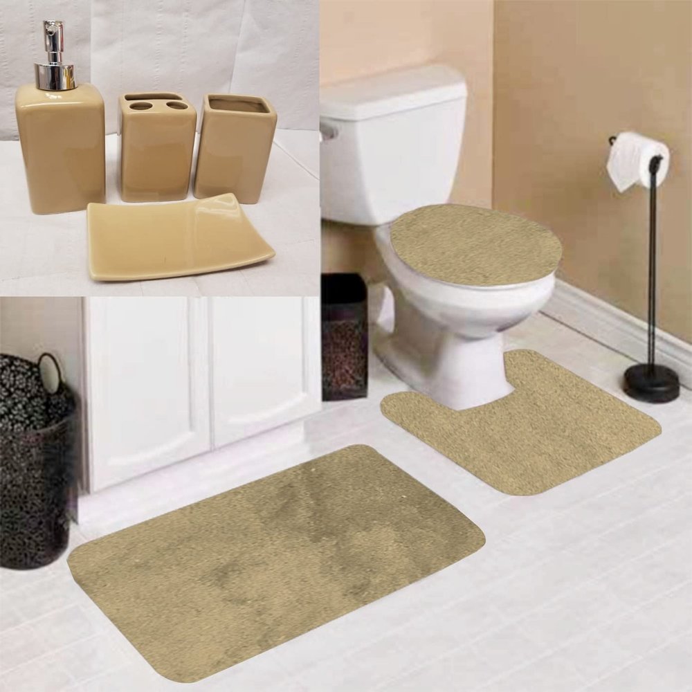 7 Piece Bathroom Plush Comfort Mat with Style Vanity Accessories (3 Piece Plush Bath Mat and and 4 Piece Ceramic Accessories) Solid Color (Sand Taupe) #6