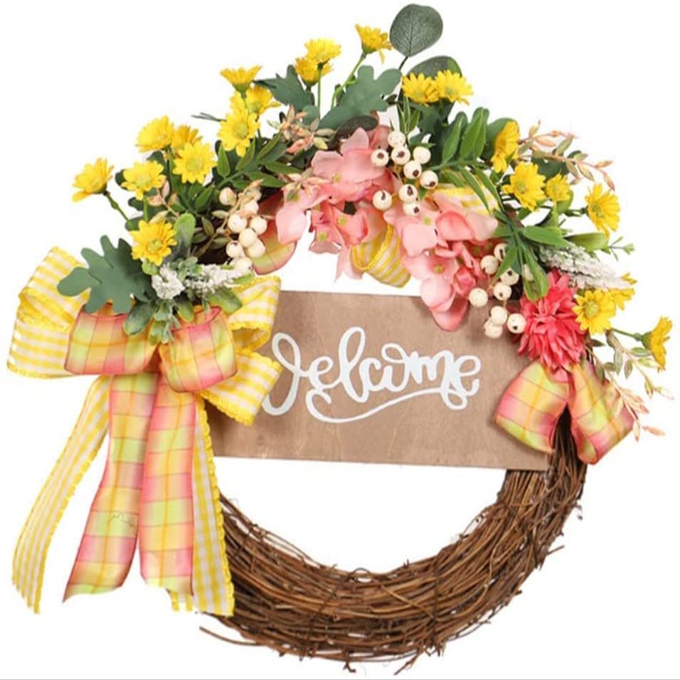 Artificial Daisy Wreath Welcome Sign Floral Wreath Spring Hanging Ornaments Front Door Garland for Spring Summer Fall Winter Indoor Outdoor