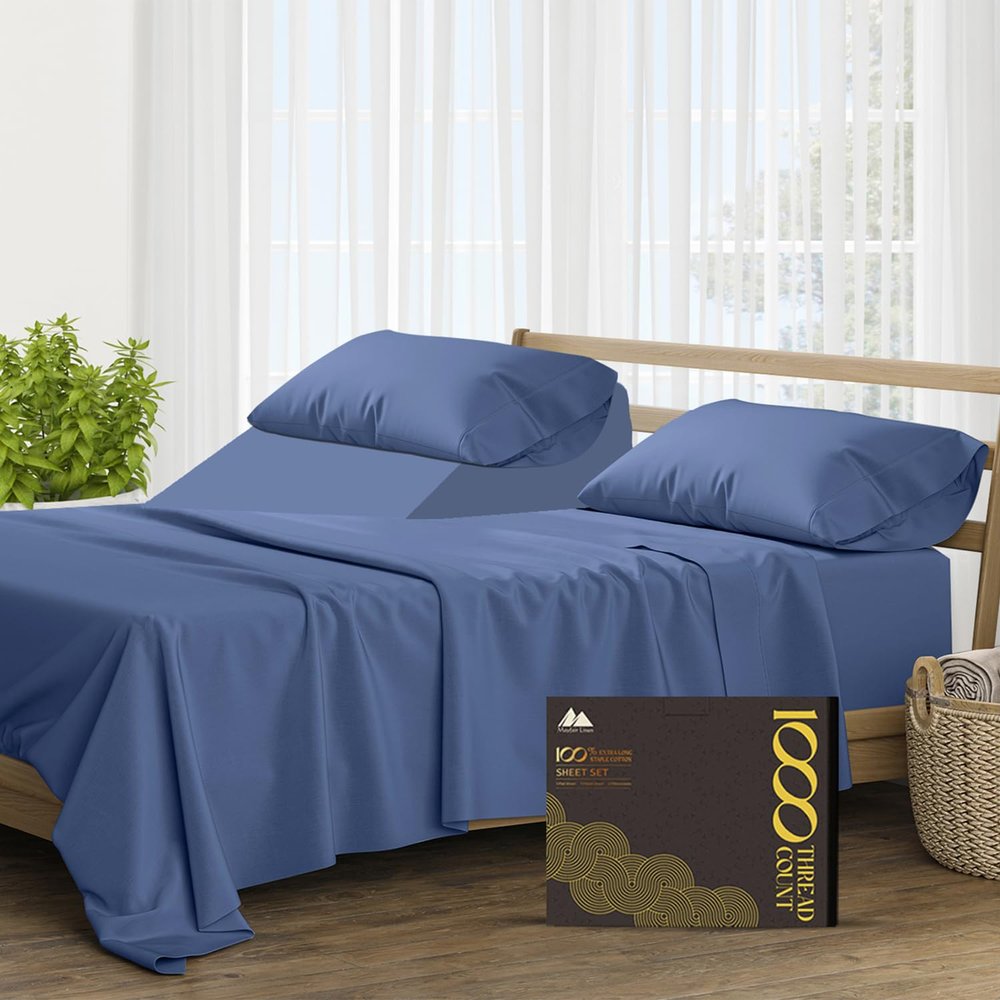 Mayfair Linen Split King Sheet Sets for Adjustable Bed - 100% Egyptian Cotton High Thread Count Split Top King Sheet (5 PC, Deep Blue), 16" Deep Pocket, Soft Cooling Luxury Hotel Quality Sheets