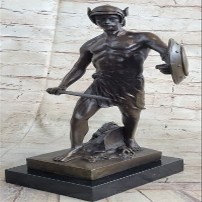 EUROPEAN BRONZE Roman Warrior Soldier Spear Shield Military Art Collector Bronze Marble Statue Artwork Brilliance Gift