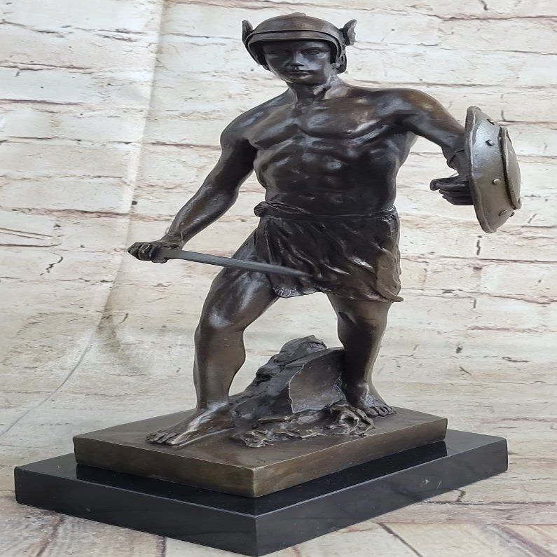 EUROPEAN BRONZE Roman Warrior Soldier Spear Shield Military Art Collector Bronze Marble Statue Artwork Brilliance Gift