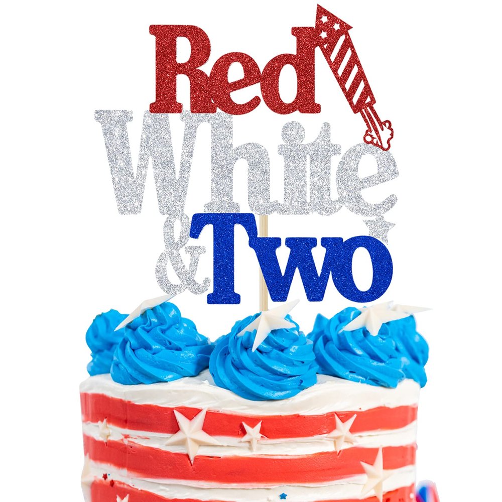4th of July Themed 2nd Birthday Cake Decorations, Red White & Two Cake Topper, Patriotic Independence Day Themed 2nd Birthday Decorations Blue Red White Glitter