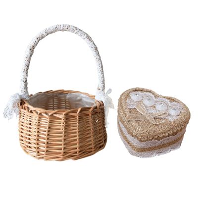 IMFILM Wedding Flower Girl Basket and Ring Box,Summer Rattan Flower Basket Linen Groom Bride Ring Box Country Style Wedding Set Wicker Basket for Weddings Party Vintage Ceremony,B