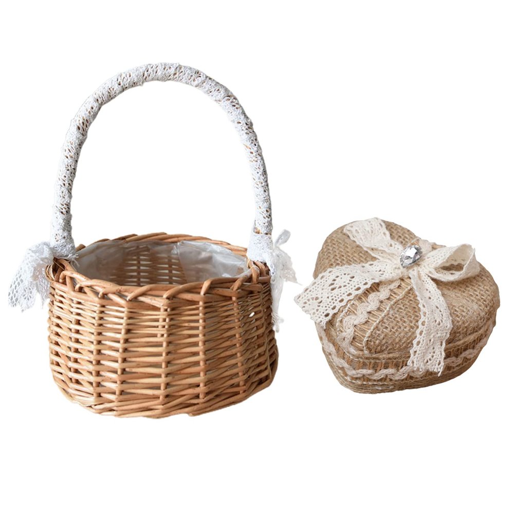 IMFILM Wedding Flower Girl Basket and Ring Box,Summer Rattan Flower Basket Linen Groom Bride Ring Box Country Style Wedding Set Wicker Basket for Weddings Party Vintage Ceremony,A