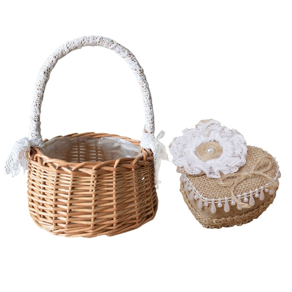 IMFILM Wedding Flower Girl Basket and Ring Box,Summer Rattan Flower Basket Linen Groom Bride Ring Box Country Style Wedding Set Wicker Basket for Weddings Party Vintage Ceremony,C