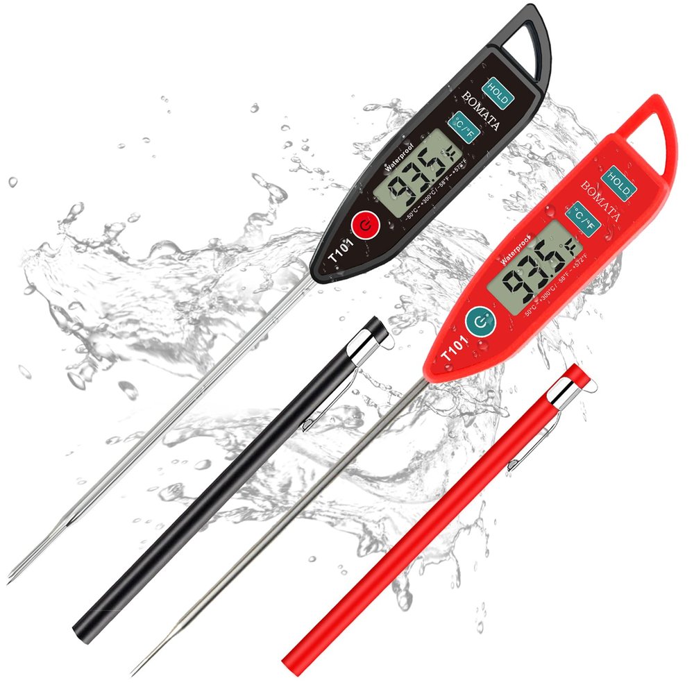 BOMATA 2 Pack Waterproof IPX7 Meat Thermometer Instant Read Food Thermometer with Long Probe for Water, Liquid, Kitchen Cooking, Grill,BBQ ! T101 X 2 Pcs (Black & Red)