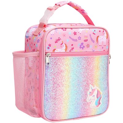 Bagseri Kids Lunch Box for Girls - Insulated Toddler Lunch Bag Fits Bento Box, Reusable Daycare Cooler Tote with Clip Handle, Water-Resistant Lining, Glitter Pink Unicorn
