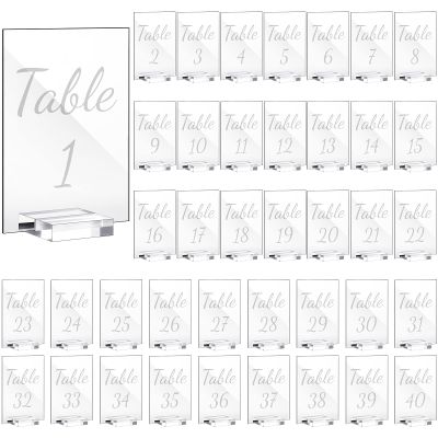 Tuanse 40 Pack White 4 x 6 Inch Acrylic Wedding Table Number 1-40 Clear Wedding Table Stand with Numbers Calligraphy Holders Signs for Reception Centerpieces Decorations