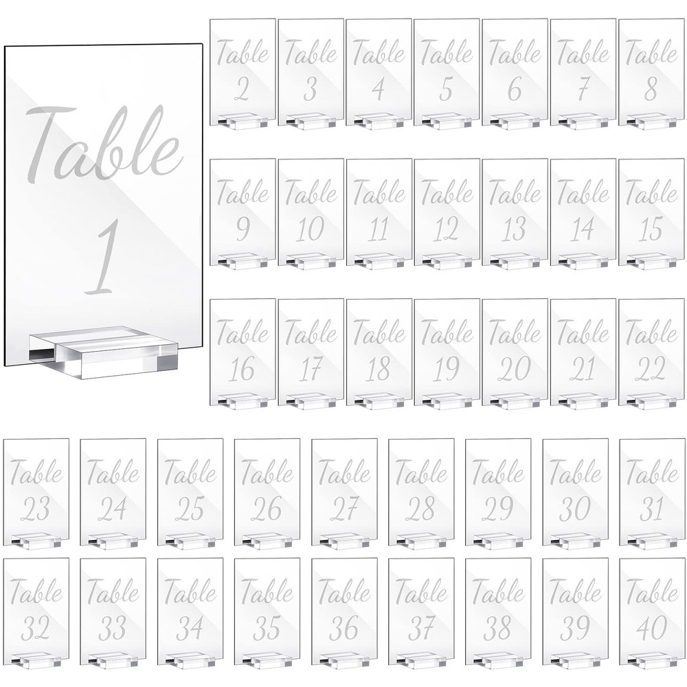 Tuanse 40 Pack White 4 x 6 Inch Acrylic Wedding Table Number 1-40 Clear Wedding Table Stand with Numbers Calligraphy Holders Signs for Reception Centerpieces Decorations