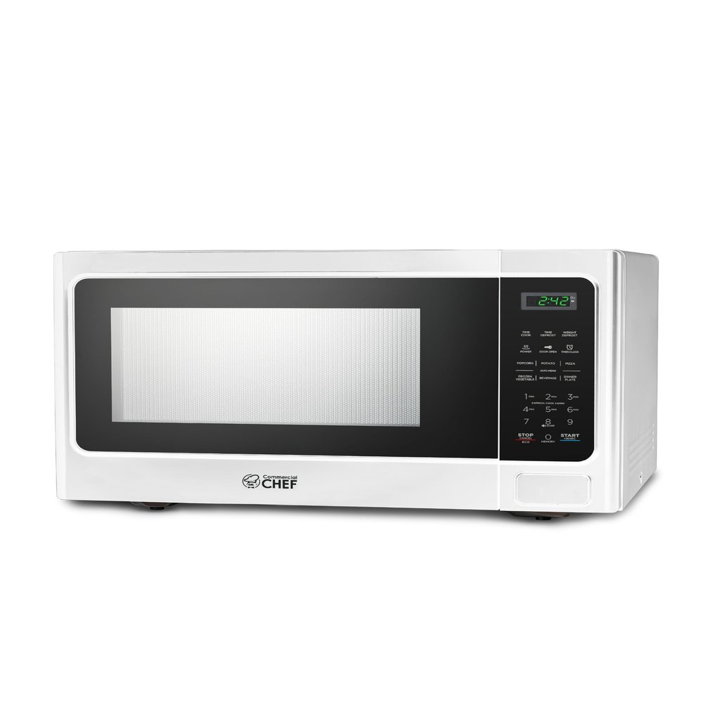 COMMERCIAL CHEF Microwave 1.3 Cu Ft with 10 Power Levels, Microwave with Push Button Door Lock, 1000W Countertop Microwave with Timer and Digital Controls, White