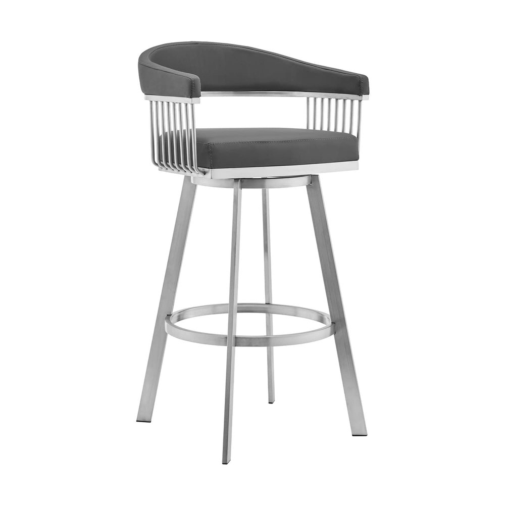 Armen Living Bronson 30" Faux Leather Swivel Bar Stool in Gray/Steel