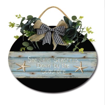 She Sells Seashells Sign for Front Door,Horizontal Round Door Wreaths,Housewarming Gift Farmhouse Wood Door Hanger for Home Decor Indoor and Outdoor, Classroom, Yard, Porch Dcor