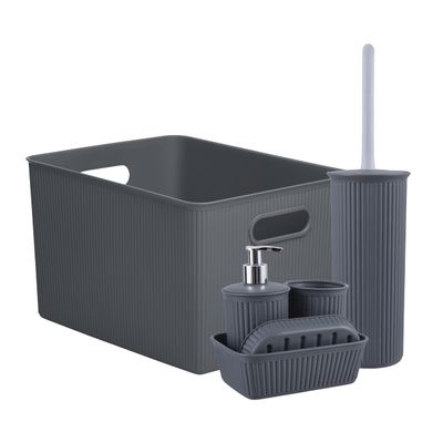 Superio Ribbed Collection - Decorative Plastic Basket with Bathroom Accessories Set, Grey (Set of 6) Soap Dish, Liquid Soap Dispenser, Toothbrush Holder, Bin, Vanity Tray, Toilet Brush - Bath Decor