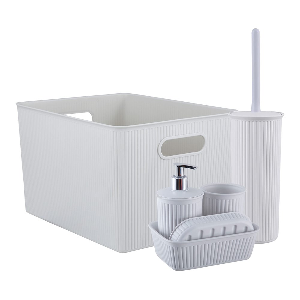 Superio Ribbed Collection - Decorative Plastic Basket with Bathroom Accessories Set, White Smoke (Set of 6) Soap Dish, Soap Dispenser, Toothbrush Holder, Bin, Vanity Tray, Toilet Brush - Bath Decor