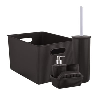 Superio Ribbed Collection - Decorative Plastic Bathroom Accessories Set, Brown (Set of 6) Soap Dish, Liquid Soap Dispenser, Toothbrush Holder, Organizer Bin, Vanity Tray, Toilet Brush - Bath Decor