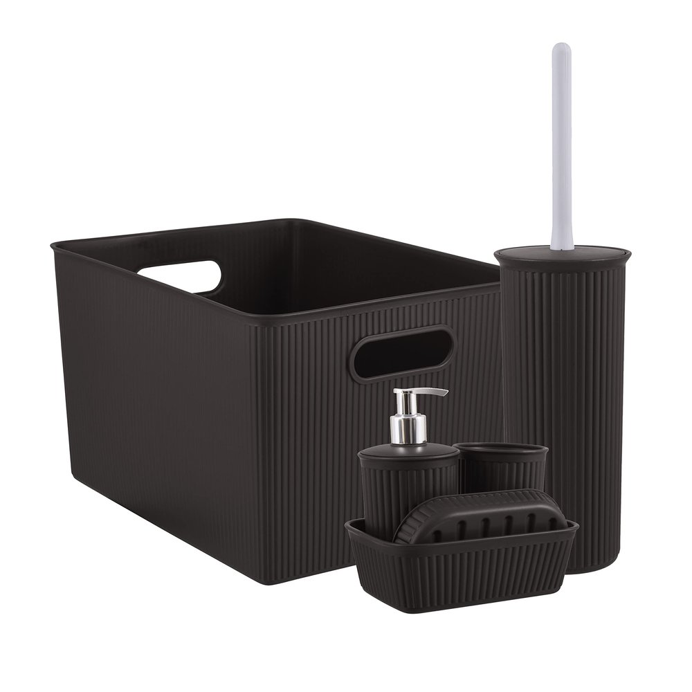 Superio Ribbed Collection - Decorative Plastic Bathroom Accessories Set, Brown (Set of 6) Soap Dish, Liquid Soap Dispenser, Toothbrush Holder, Organizer Bin, Vanity Tray, Toilet Brush - Bath Decor