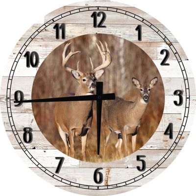 AT Wall Art Deer Deer Buck & Doe with Big Antlers Hunting Wildlife Woods Large Round Wood Wall Clock Decor 18 Inch White