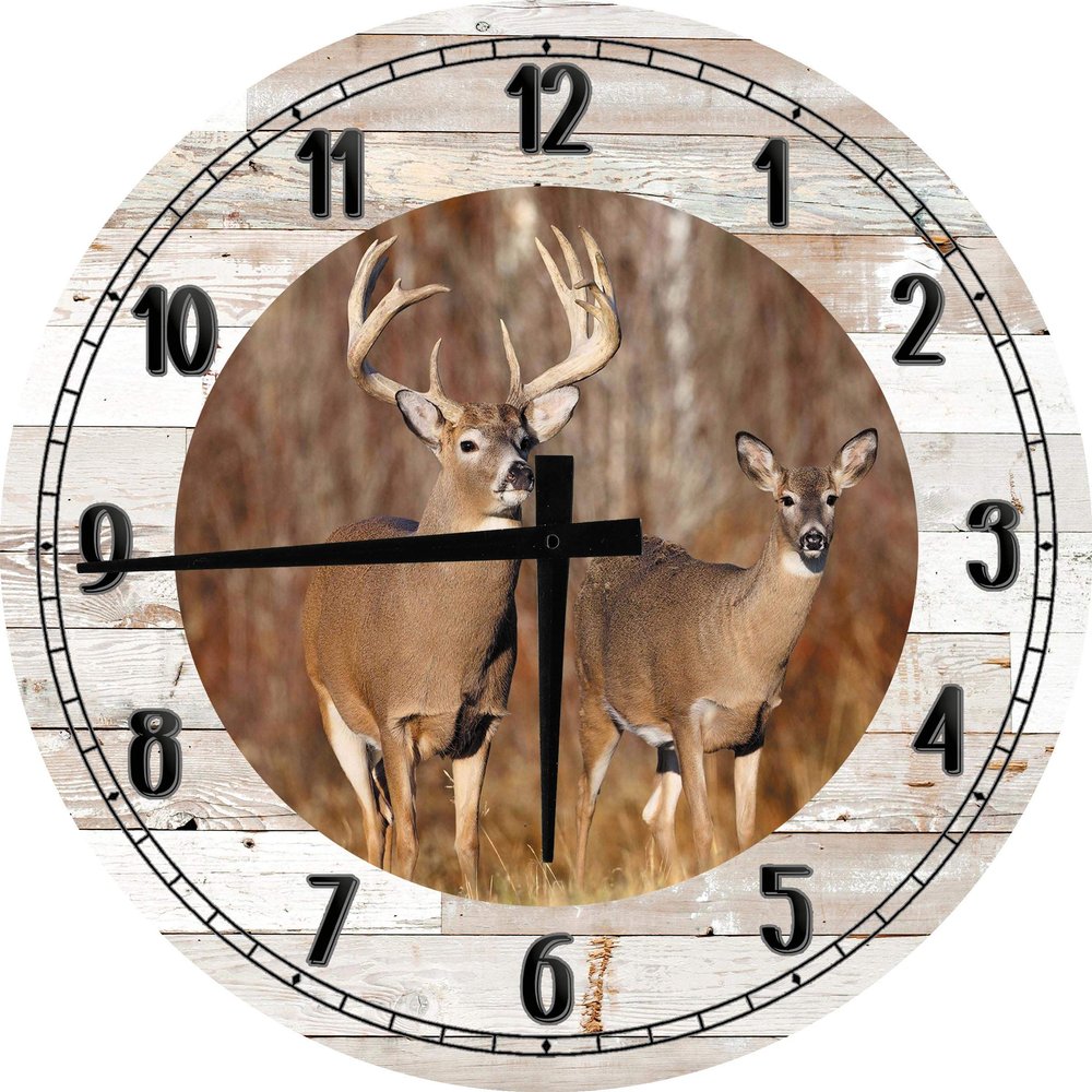 AT Wall Art Deer Deer Buck & Doe with Big Antlers Hunting Wildlife Woods Large Round Wood Wall Clock Decor 18 Inch White