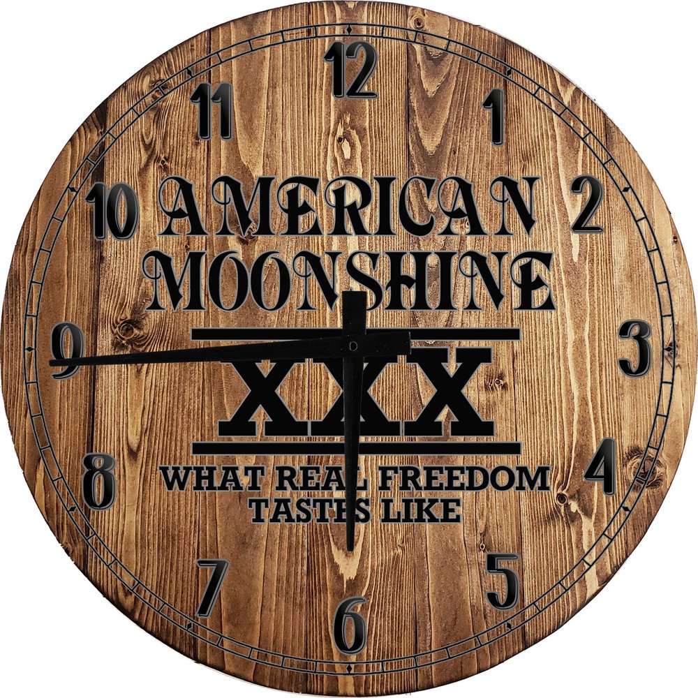 Bar Wall Art American Moonshine XXX Freedom Tastes Like Large Round Wood Wall Clock Decor 18 Inch
