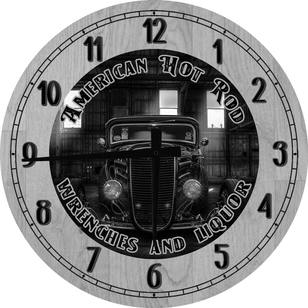 American Hot Rod Moonshine Runner Large Round Wood Wall Clock Decor 18 Inch Gray Wall Art