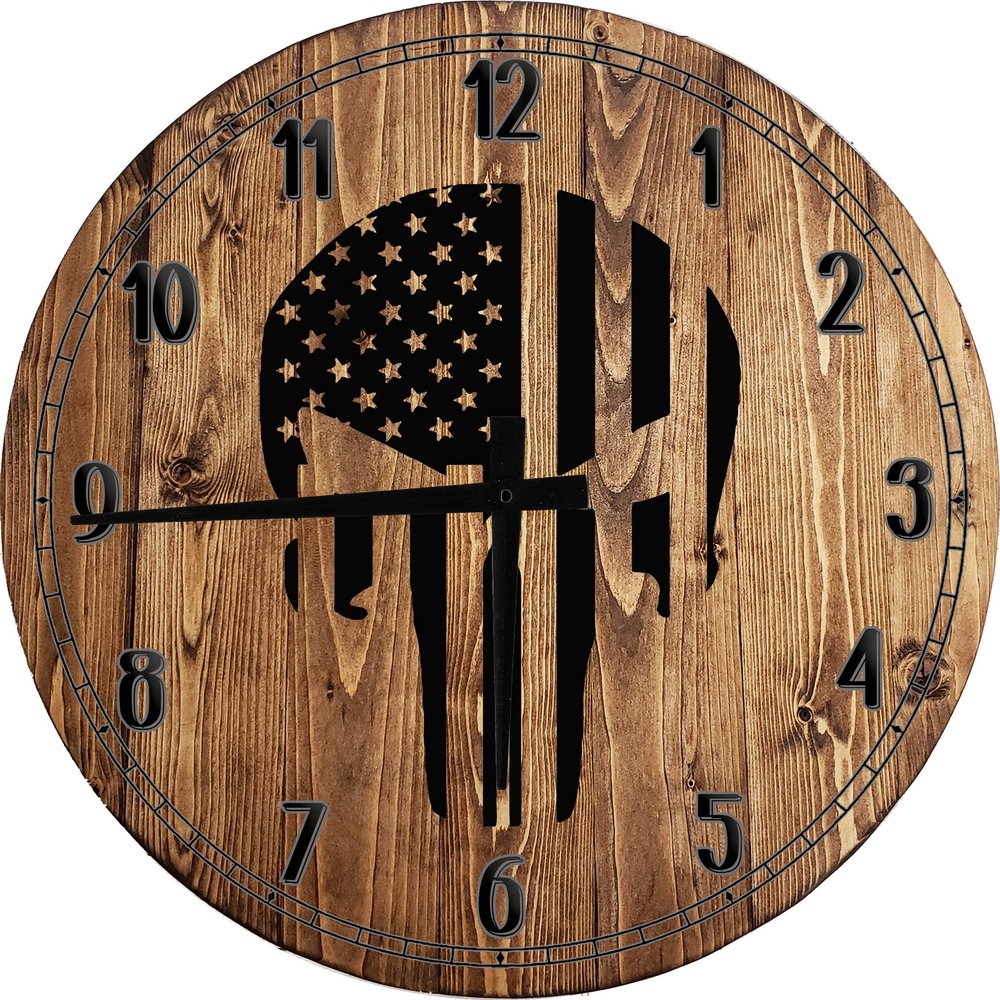 AT Wall Art Skull American Flag Vertical Tactical Military Skull Large Round Wood Clock Decor 18 Inch CLK-BRT103