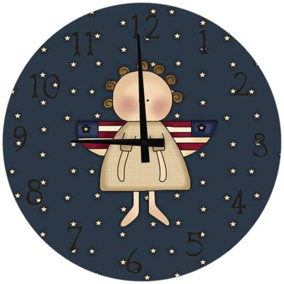 American Flag Blue Stars Angel Large Round Wood Wall Clock Decor 18 Inch Wall Art