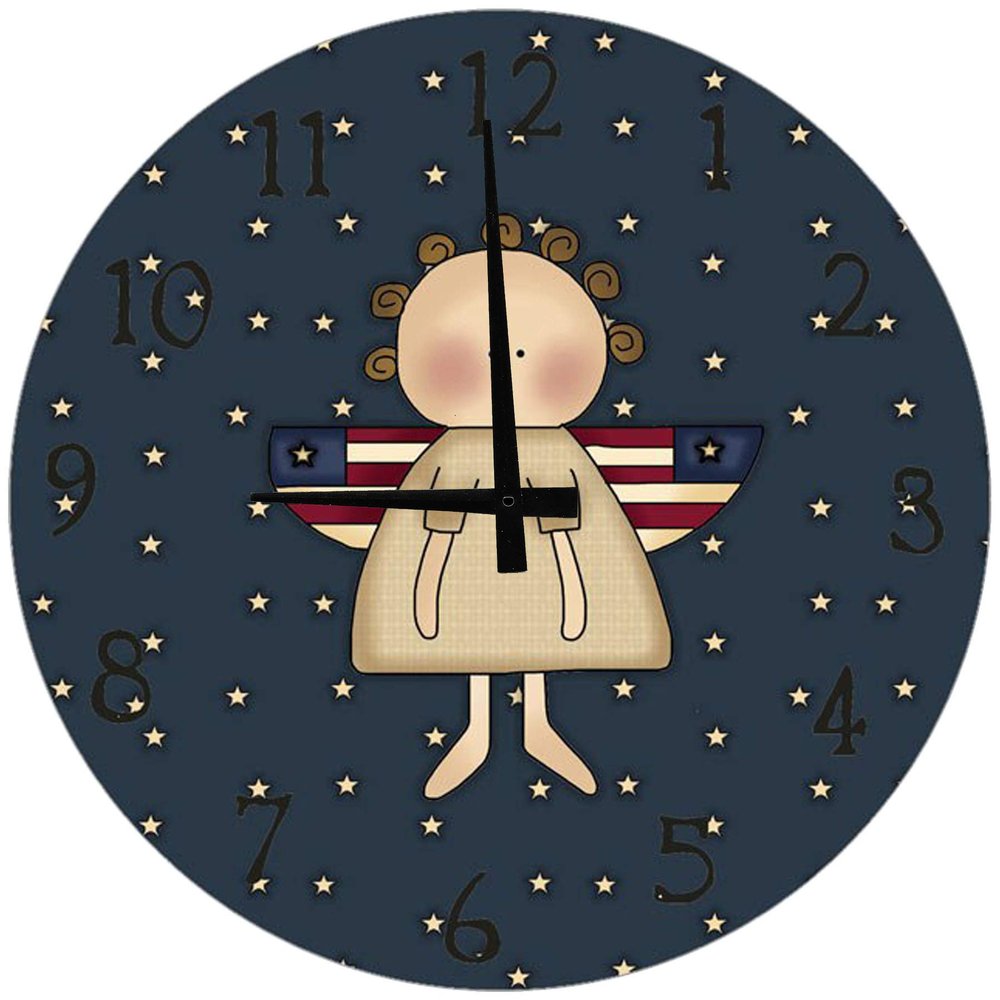 American Flag Blue Stars Angel Large Round Wood Wall Clock Decor 18 Inch Wall Art