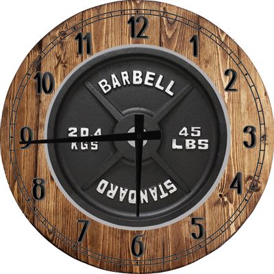 Barbell 45lb Steel Plate Weightlifting Bodybuilding Gym Large Round Wood Wall Clock Decor 18 Inch Brown Wall Art