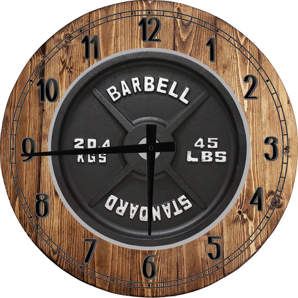 Barbell 45lb Steel Plate Weightlifting Bodybuilding Gym Large Round Wood Wall Clock Decor 18 Inch Brown Wall Art