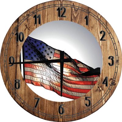 American US Flag Large Round Wood Wall Clock Decor 18 Inch Brown Wall Art