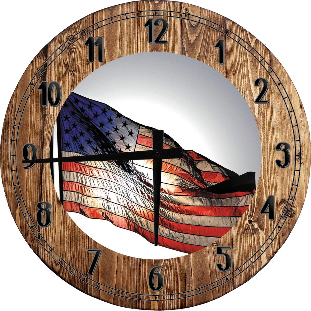 American US Flag Large Round Wood Wall Clock Decor 18 Inch Brown Wall Art