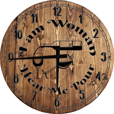 Bar Wall Art I Am Woman Hear Me Wine Large Round Wood Wall Clock Decor 18 Inch