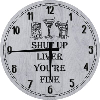 Bar Wall Art Shut Up Liver Mixed Drinks Large Round Wood Wall Clock Decor 18 Inch Gray