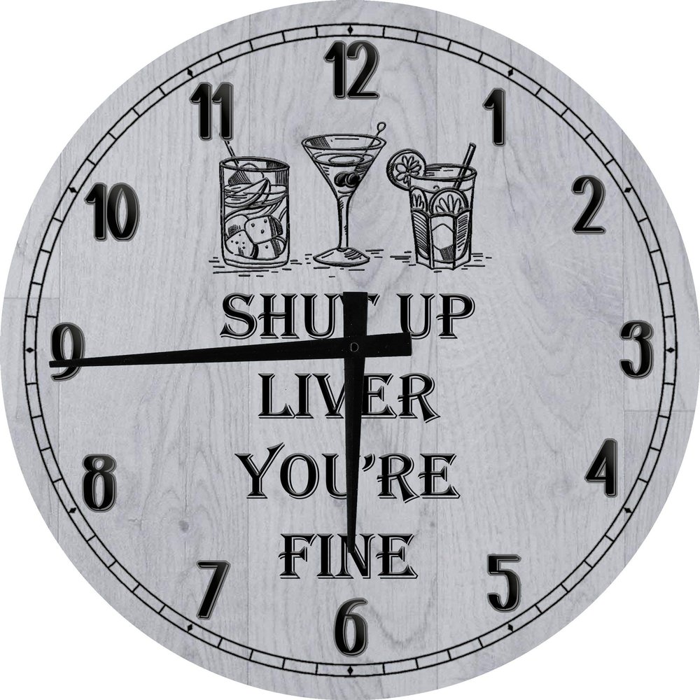 Bar Wall Art Shut Up Liver Mixed Drinks Large Round Wood Wall Clock Decor 18 Inch Gray