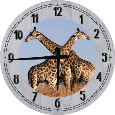 African Wall Art Giraffe Couple in The African Sahara Large Round Wood Wall Clock Decor 18 Inch Gray