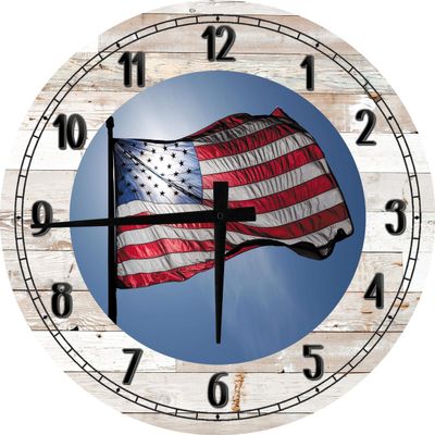 American Wall Art American Flag Waving Sky Stars Stripes Military Patriotic Large Round Wood Wall Clock Decor 18 Inch White