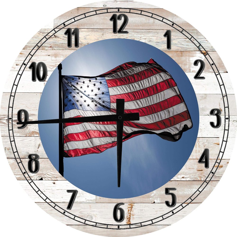 American Wall Art American Flag Waving Sky Stars Stripes Military Patriotic Large Round Wood Wall Clock Decor 18 Inch White