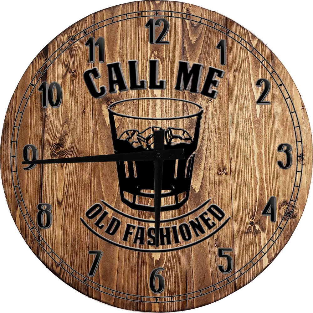 Bar Wall Art Old Fashioned Rocks Glass Whiskey Large Round Wood Wall Clock Decor 18 Inch