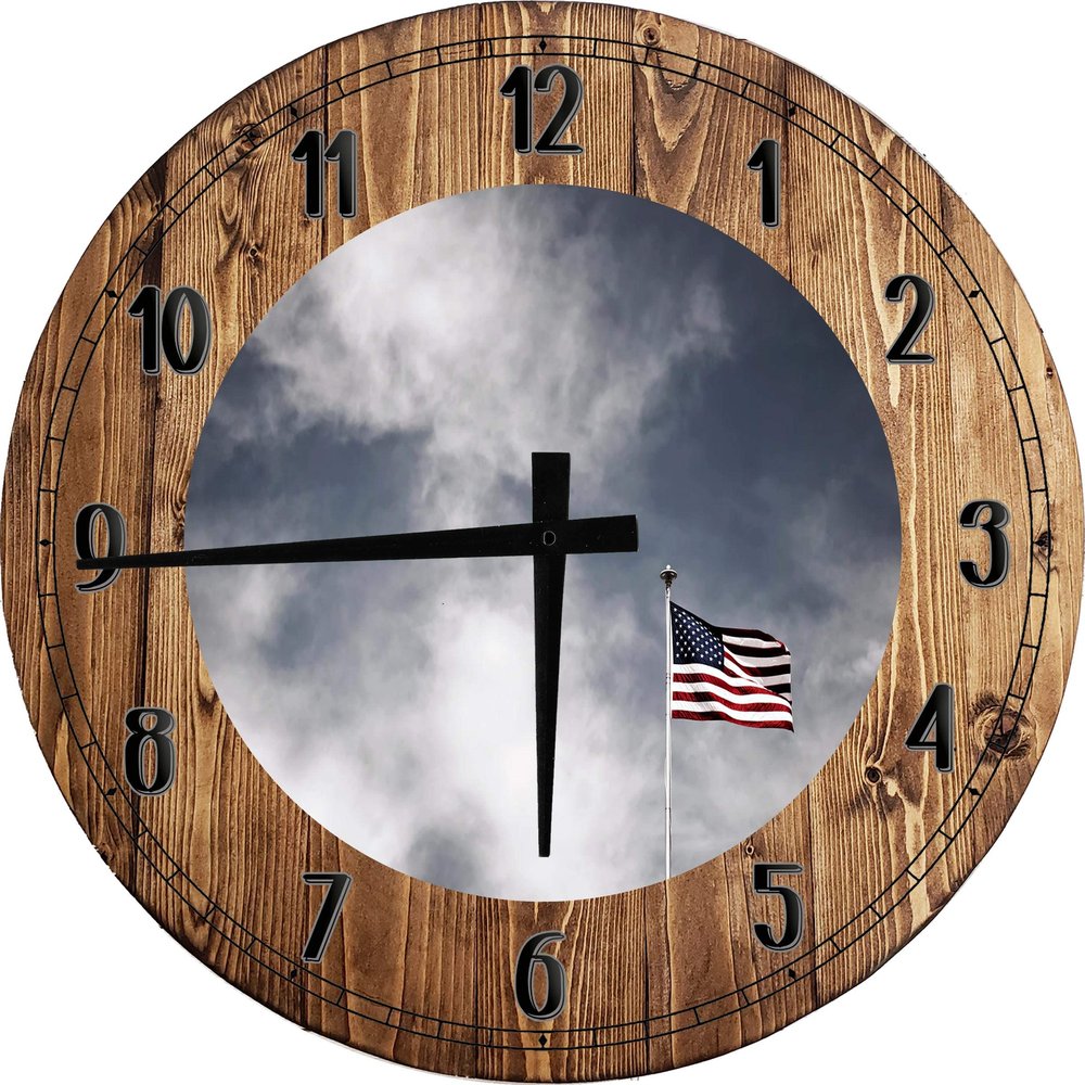 American Flag Wall Art Blue White Sky for Bedroom Large Round Wood Wall Clock Decor 18 Inch