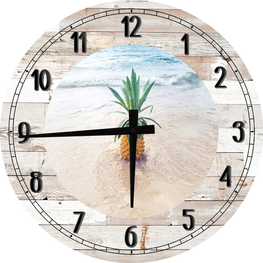 AT Wall Art Beach Wall Art Tropical Pineapple for Kitchen Large Round Wood Clock Decor 18 Inch White