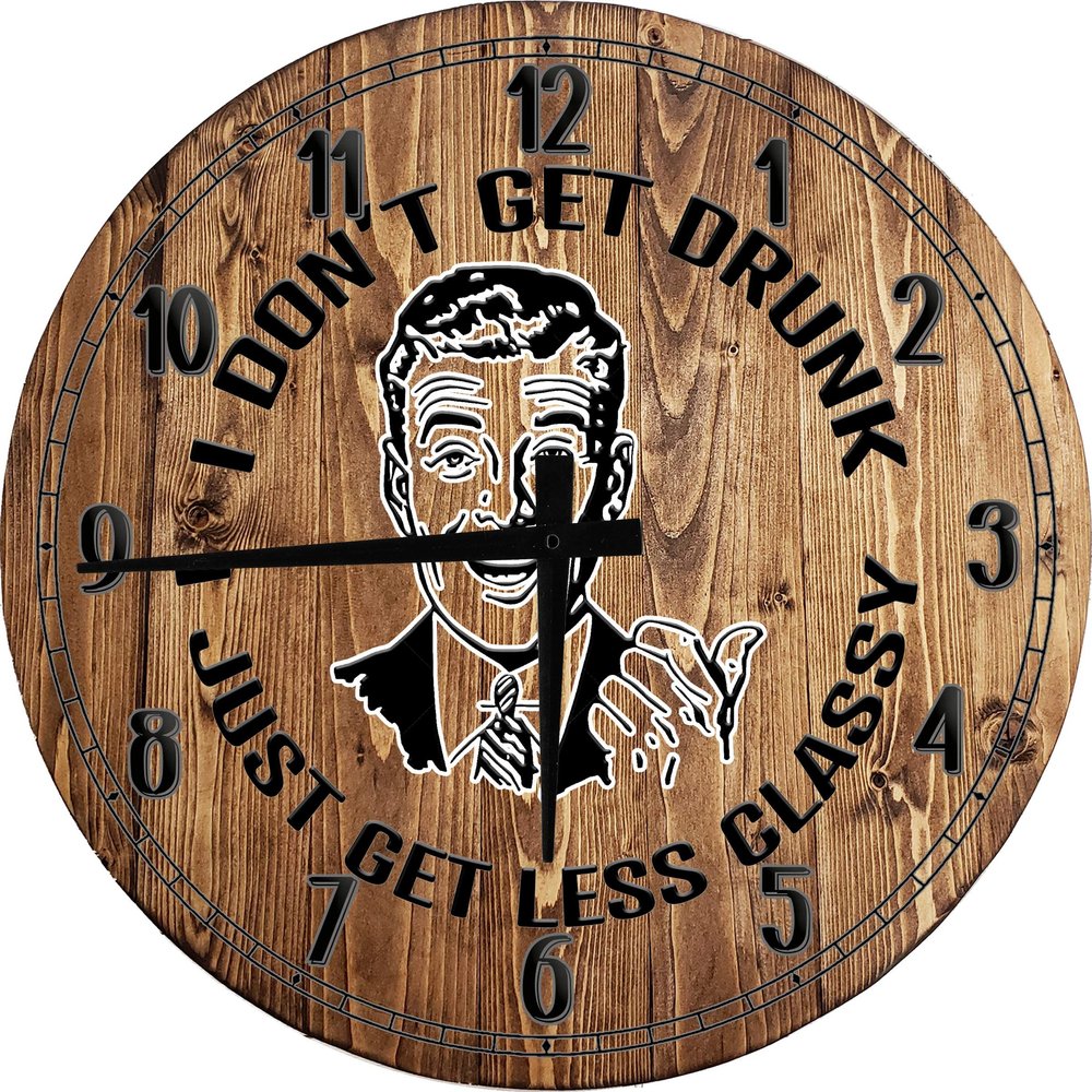 Bar Wall Art Retro Meme Drunk Classy Large Round Wood Wall Clock Decor 18 Inch