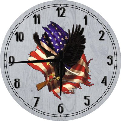 American Bald Eagle Carrying Break Action Shotgun with American Flag Large Round Wood Wall Clock Decor 18 Inch Gray Wall Art