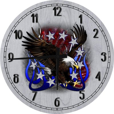 American Wall Art Stars & Stripes American Eagle Tribal Flames Vintage Cracked Large Round Wood Wall Clock Decor 18 Inch Gray